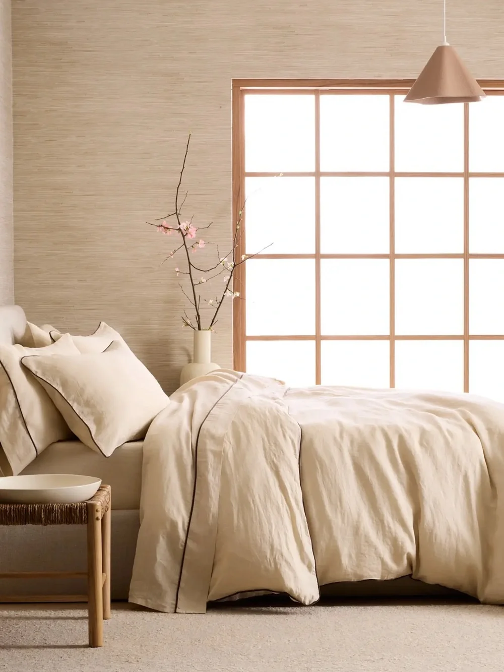 NWT Quince Luxury European Linen Oat/Espresso Piped Duvet Cover!